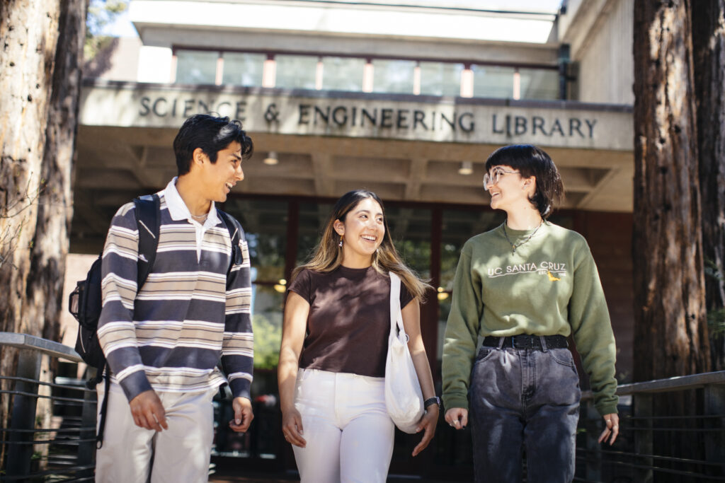 3 students outside the science and engineering library.