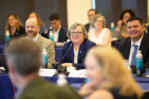 Chancellor Cynthia Larive (center), Vice Chancellor for Research John MacMillan (right), and Assistant Vice Chancellor for Innovation and Business Engagement Ryan Sharp (left) highlighted the campus's innovation and entrepenurship intitaitves. (Photo by Carolyn Lagattuta)