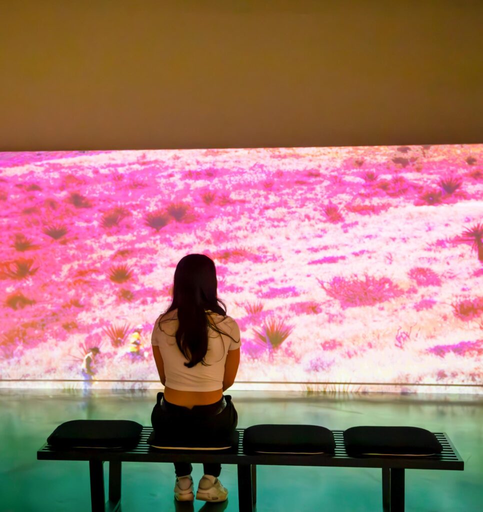 Person viewing movie in at the Institute for Arts and Sciences.