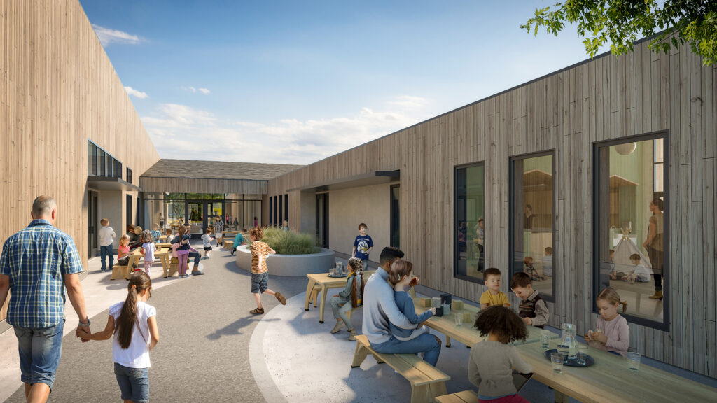 Rendering of a courtyard with families eating a picnic tables.