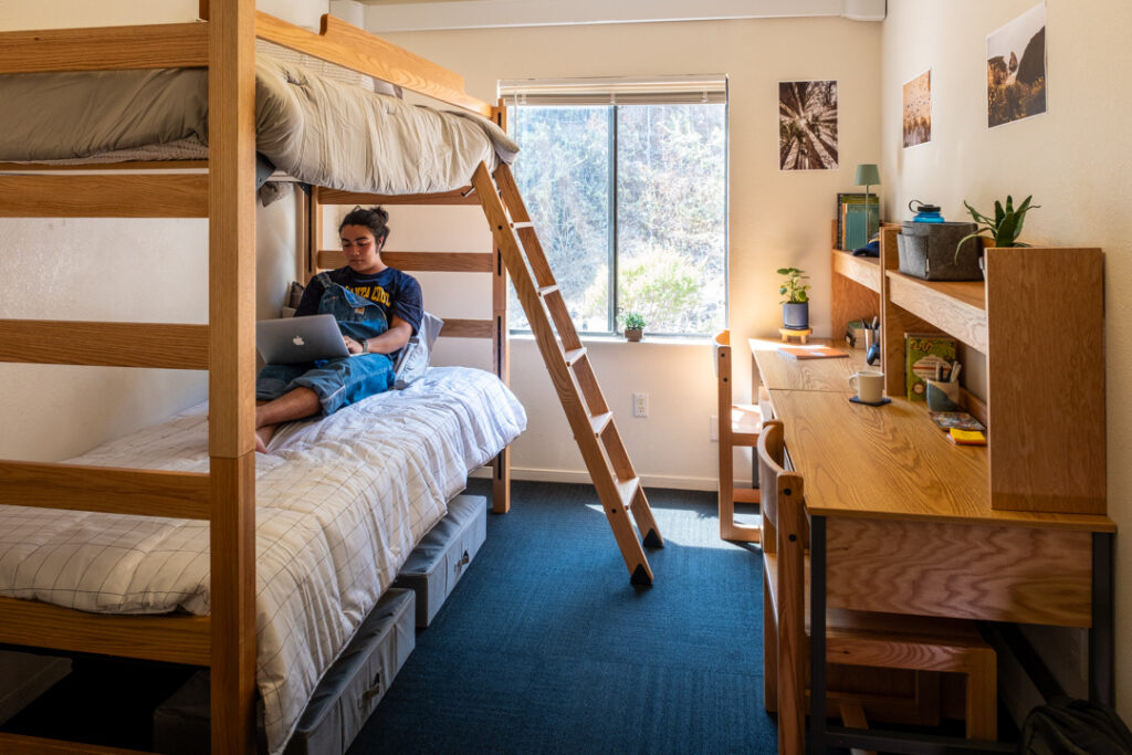 Person sitting on a bunk bed in one of the UCSC reslidential colleges, working on a laptop.