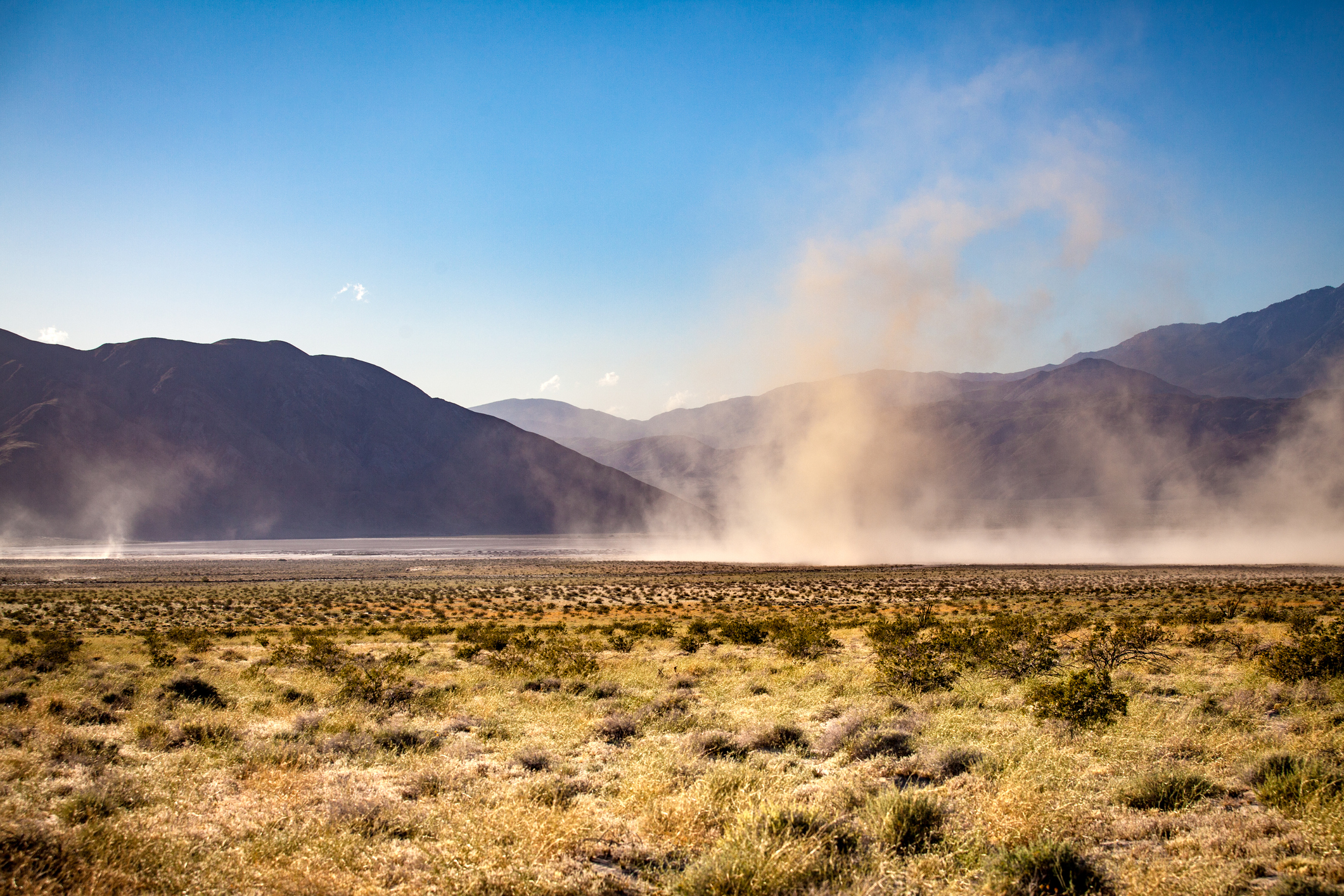 Dust Swirls in high winds over the dry lake bed of Clark Laken in Clark Lake, near Anza-Borrego Desert State Park, in the Colorado Desert, San Diego County, California.