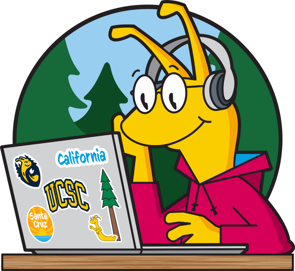 Sammy is working on a laptop with UCSC, California, Athletic Sammy... stickers.