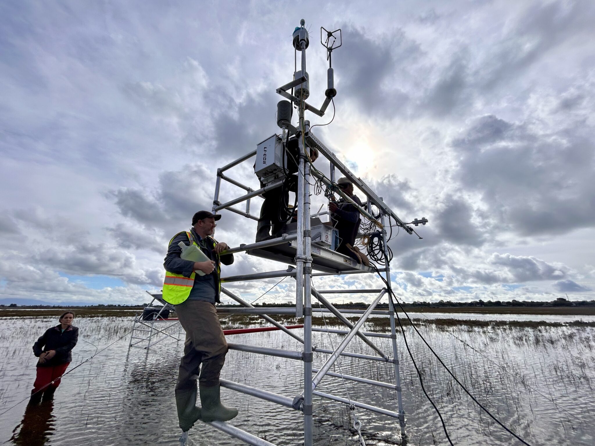 Researchers climb on a scaffold supporting an elevated monitoring tower above a flooded wetland.
