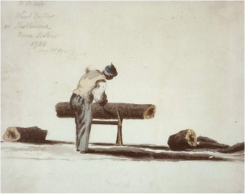An old sketch of a person outdoors near a wooden structure.