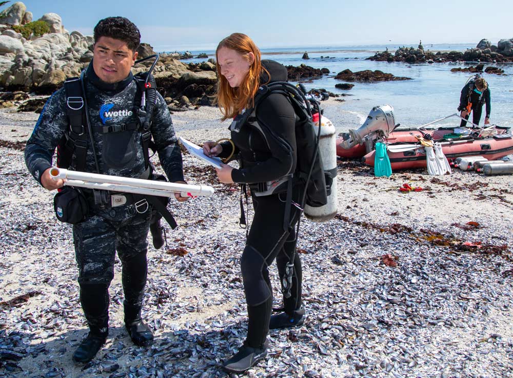 A male and female marine researcher dressed in wetsuits and holding field equipment while walking along a rocky, tide-pool coastline on a sunny day.