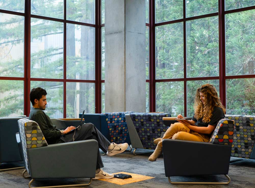 Students studying in a modern campus lounge with large windows.